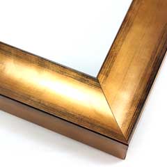 This glossy bronze frame has a subtle scoop face with black distressed scratching on the outer edges. The drop edge is the same gold-foil as the face.

1-1/2 " width: ideal for small, medium, or large-size artwork. Oil or acrylic paintings, or simple portrait photographs will get a high-fashion pop from this frame.